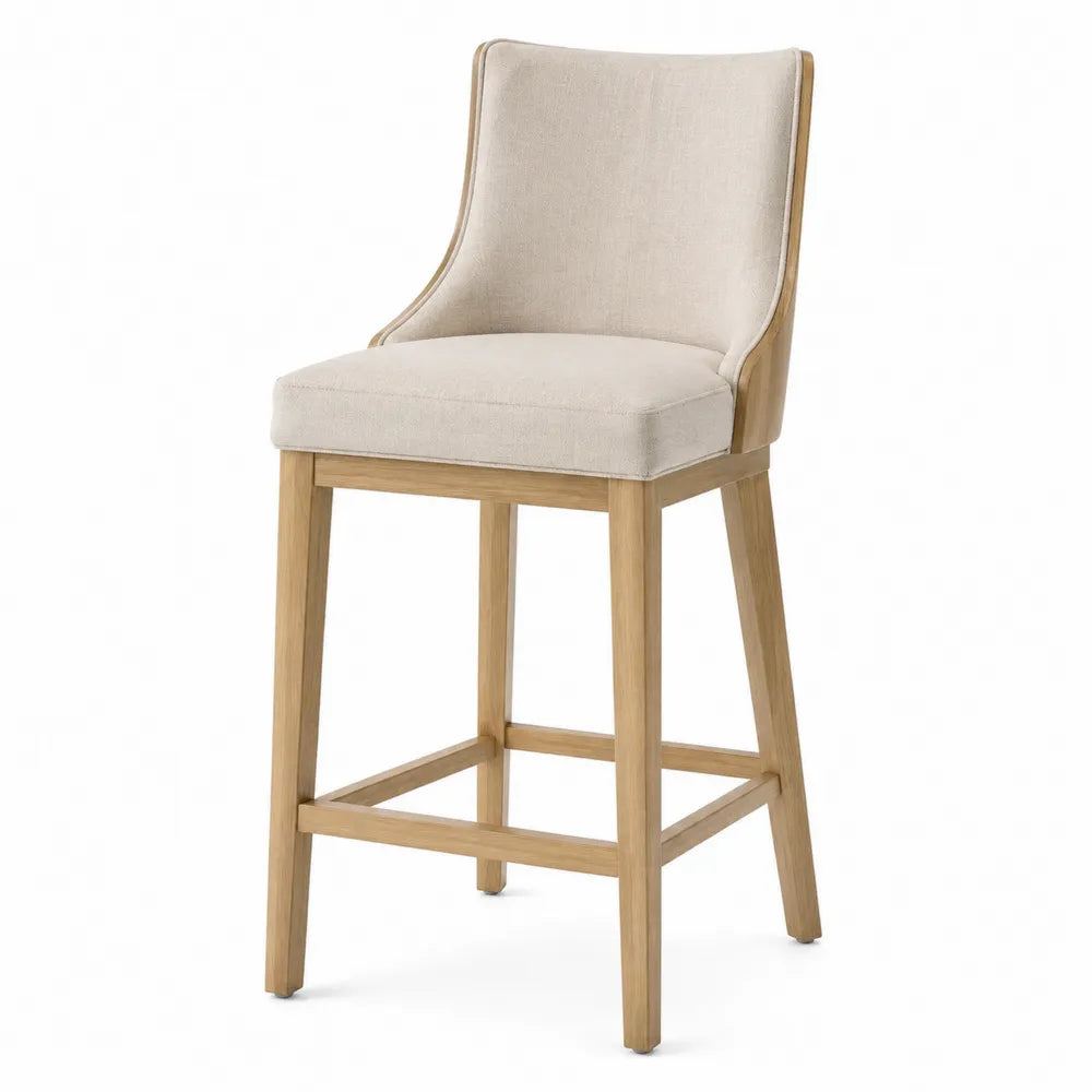 Tabouret de bar avec dossier 48 x 52 x 100 cm en bois naturel et tissu polyester beige finition chêne clair