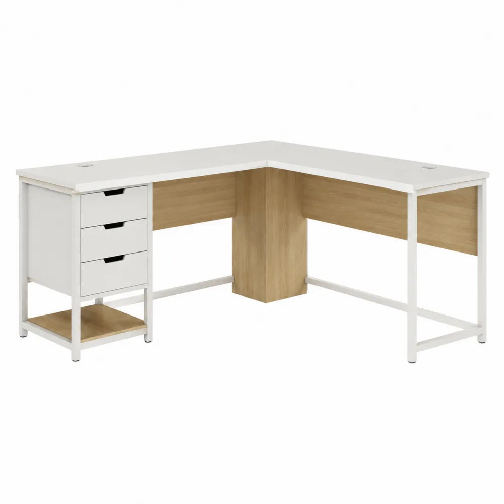 Bureau d’angle en L avec 3 tiroirs 150 x 120 x 75 cm environ plateau bois clair et structure blanche avec rangement