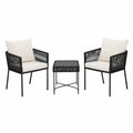Salon de jardin 3 pièces 2 fauteuils et table carrée corde PE noir coussins écru structure acier thermolaqué