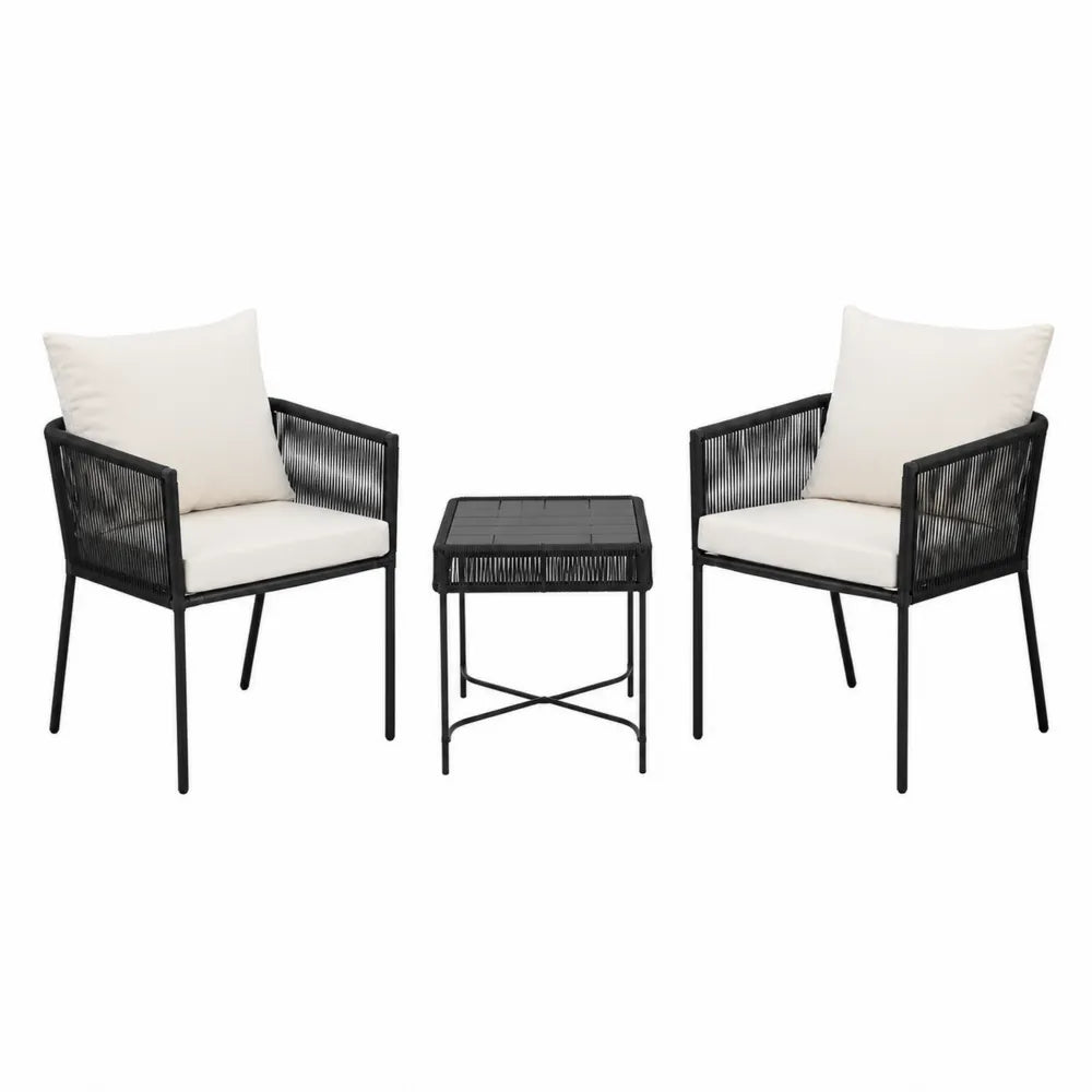 Salon de jardin 3 pièces 2 fauteuils et table carrée corde PE noir coussins écru structure acier thermolaqué