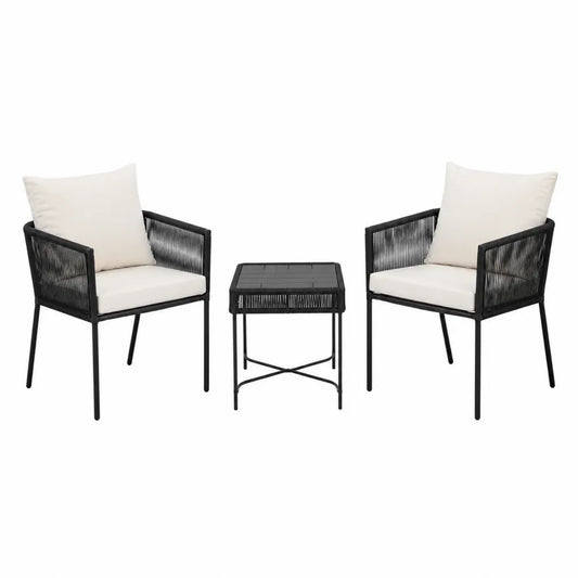 Salon de jardin 3 pièces 2 fauteuils et table carrée corde PE noir coussins écru structure acier thermolaqué