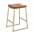 Tabouret de bar fixe 46 cm x 41 cm x 66 cm en acier doré et polyuréthane marron cognac assise carrée sans dossier