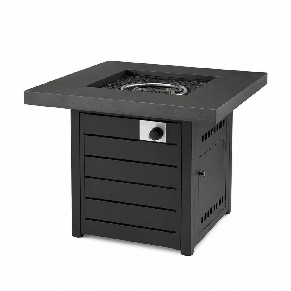 Table brasero d’extérieur carrée 80 x 80 x 64 cm composite ciment noir foyer gaz propane brûleur acier inoxydable pierres de lave