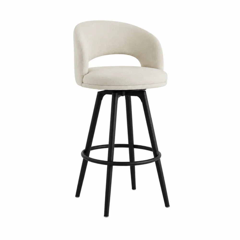 Tabouret de bar fixe 50 cm x 52 cm x 95 cm en tissu beige et acier noir dossier ouvert avec repose-pieds circulaire