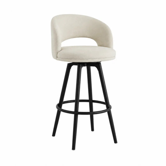 Tabouret de bar fixe 50 cm x 52 cm x 95 cm en tissu beige et acier noir dossier ouvert avec repose-pieds circulaire