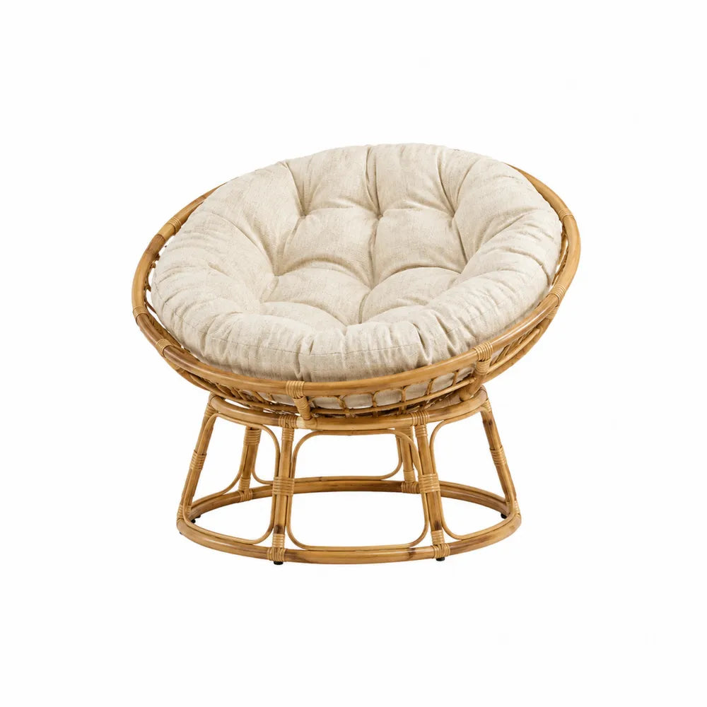 Fauteuil papasan de jardin en rotin naturel rond coussin polyester beige 100 x 100 x 88 cm
