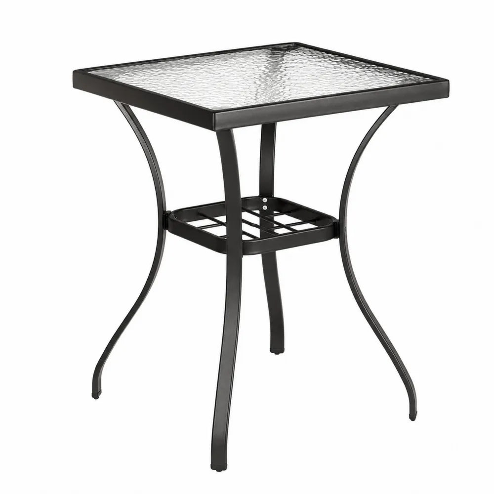 Table de jardin carrée 60 x 60 x 70 cm plateau en verre trempé texturé structure acier noir étagère inférieure