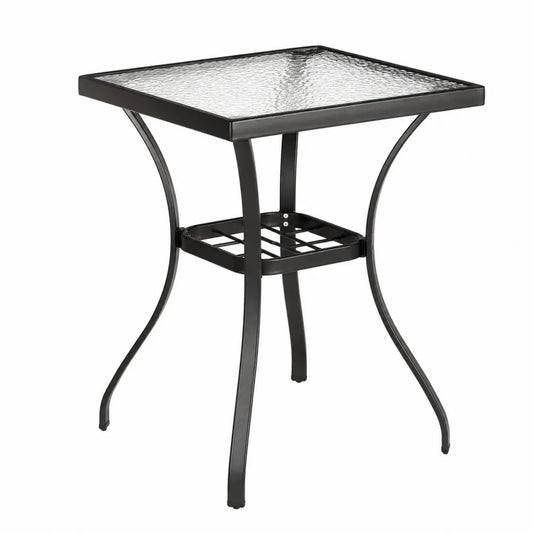 Table de jardin carrée 60 x 60 x 70 cm plateau en verre trempé texturé structure acier noir étagère inférieure